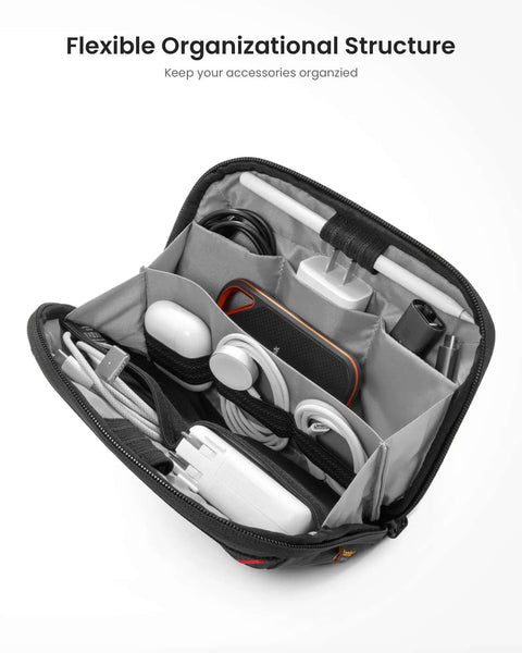 Slick Travel Cable Organizer Pouch With Double Compartments For Portable Charging Cords And Tech Accessories Waterproof Carry Case For Weekend Getaways, showing organized slots with cords and chargers.
