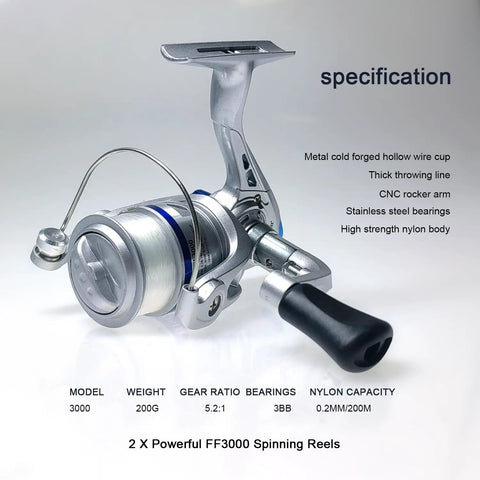 Close-up of a spinning reel from All In One Fishing Gear Kit With 2 Telescopic 6.89 Ft Rods, featuring CNC rocker arm and stainless bearings.