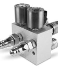 Hydraulic multiplier SCV manifold valve kit; aluminum block with dual quick-connect outlets and top black solenoid caps