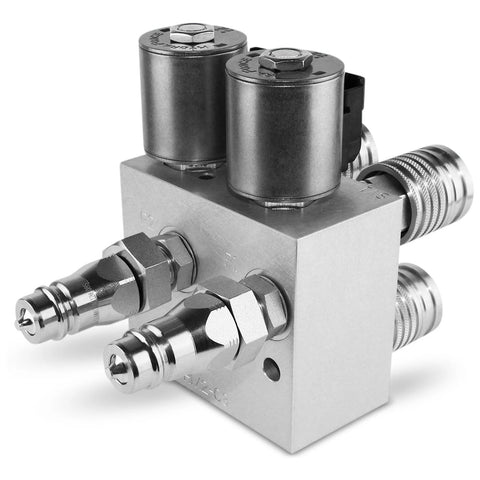 Hydraulic multiplier SCV manifold valve kit; aluminum block with dual quick-connect outlets and top black solenoid caps