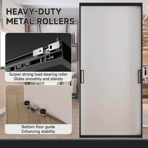 Concealed Sleek Sliding Glass Barn Door Kit With Soft Close Hardware, 40 By 87 Inches, Frosted Tempered Glass, Modern Black Frame