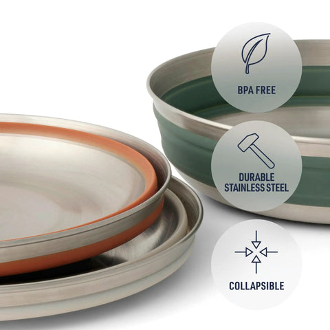 Detour Stainless Steel Collapsible Camping Bowl Medium 22 Oz Green in folded state showing BPA-free and durable steel features.