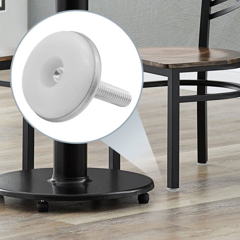 Rock Solid M6 Adjustable Furniture Levelers 20 Pack Heavy Duty Table Glides close-up showing screw and plastic base for chair stability.