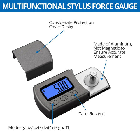 Digital Turntable Stylus Force Scale Gauge With Blue LCD Backlight Pro Grade Stylus Pressure Meter For MM MC MI Cartridges 0.01 g Accuracy Tare Function Five Modes Helps Dial In Tonearm Pressure And Protect Vinyl, aluminum cover shown