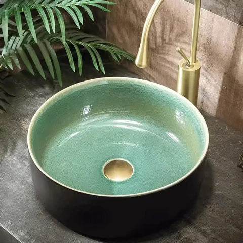 UMJIGF Vessel Sink Small Apartment Ceramic Household Balcony Basin Basin Single Basin Retro Above Counter Basin with green interior.