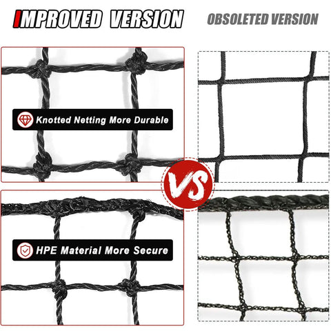 Comparison of Heavy Duty Baseball And Softball Backstop Net 10x10 Feet for Backyard Practice, showing improved knotted netting and HPE material.