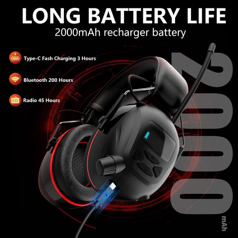 All In One Wireless Hearing Protection Headphones With Bluetooth 6.0 AM FM Radio Digital Display 30 SNR Noise Reduction Earmuffs Rechargeable 2000 mAh Battery For Lawn Mowing And Outdoor Work with long battery life feature