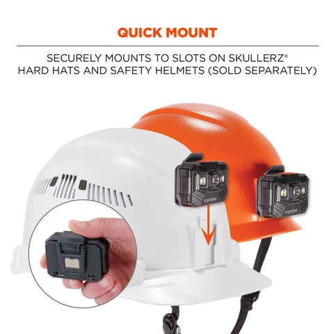 Quick mount feature of Skullerz 8987 Rechargeable Universal Hard Hat LED Light With Quick Mount Pivoting Magnet And Front Or Rear Slot Mount Built In USB-C Charging Go-To Portable Work Light For Construction Electrical And DIY Orange on white and orange helmets.