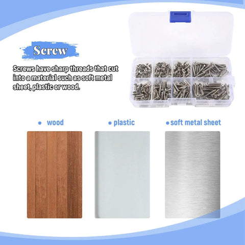 Container of 200 Pcs M3 Stainless Steel Flat Head Screws Set for wood, plastic, and metal surfaces