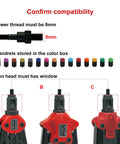 Compatibility check showing Mandrel And Nose Piece Set for SAE 10 24 Rivet Nut Tools with adjustable stroke and color labels.