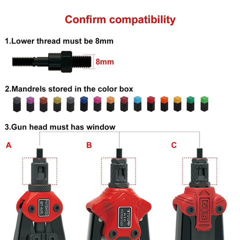 Compatibility check showing Mandrel And Nose Piece Set for SAE 10 24 Rivet Nut Tools with adjustable stroke and color labels.