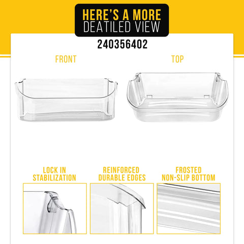 Front and top view of Replacement Refrigerator Door Bin Shelf For Frigidaire Models LFSS2612TF0 FFSS2615TS5 FFSS2615TS0 LFSS2612TF4