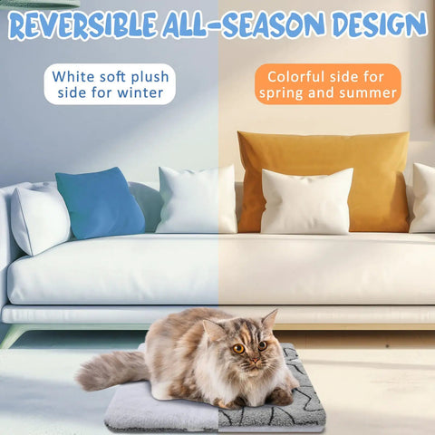 Self Warming Cat Mat And Self Heating Pet Bed That Traps Body Heat Machine Washable Reversible Crate Blanket Straight Up Comfy Grey Double Star Print on a cozy couch with cushions.