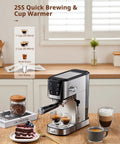 Top Shelf Automatic Espresso Coffee Maker With 20 Bar Pressure And Glowing Touchscreen Panel Offering Zero Fuss One Button Operation For Crisp Americanos Silky Milk Froth And Quick Steam Power For Your Daily Grind Now on a wooden table with cups of coffee and a slice of cake.