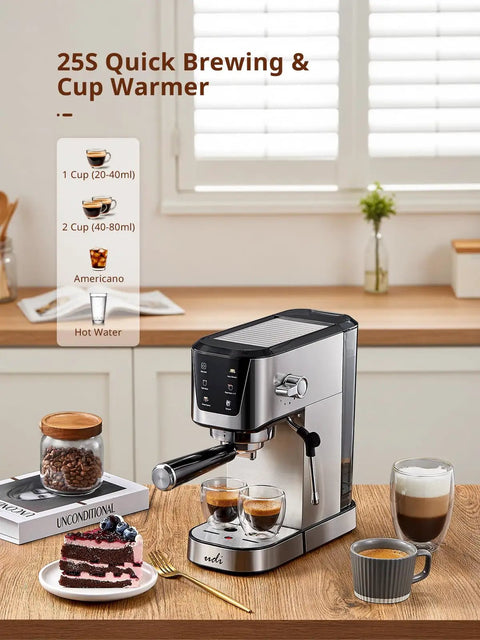 Top Shelf Automatic Espresso Coffee Maker With 20 Bar Pressure And Glowing Touchscreen Panel Offering Zero Fuss One Button Operation For Crisp Americanos Silky Milk Froth And Quick Steam Power For Your Daily Grind Now on a wooden table with cups of coffee and a slice of cake.