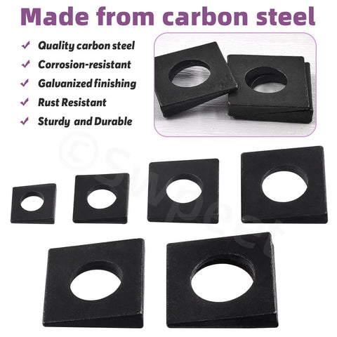 Best Beveled Square Washer Kit for Shim Leveling With 34 Pieces Across Six Sizes M8 M10 M12 M16 M18 M20 Galvanized Black Beveled Square Washers In Plain Carbon Steel Wedge Shaped For Home Workshop Use Swpeet