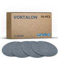 Heavy Duty 5 Inch 60 Grit Sanding Discs 70 Pack With Hook And Loop Sander Pad For Orbital Sanders box and discs display
