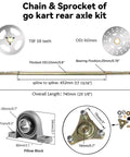 Diagram of Go Kart Axle Kit 6 Inch Ready To Roll With 740mm Rear Axle, showing dimensions, T8F chain sprocket, and components.