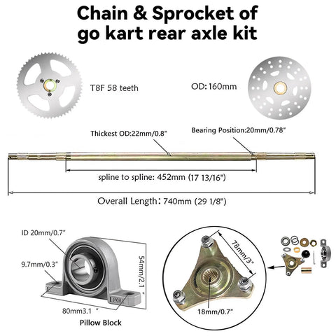 Diagram of Go Kart Axle Kit 6 Inch Ready To Roll With 740mm Rear Axle, showing dimensions, T8F chain sprocket, and components.