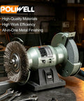 Heavy Duty Six Inch Sixty Grit Silicon Carbide Grinding Wheel Paired With Hardcore Carbon Steel Wire Brush Set For Bench Grinders With Half Inch Spindle visible in workshop setting.