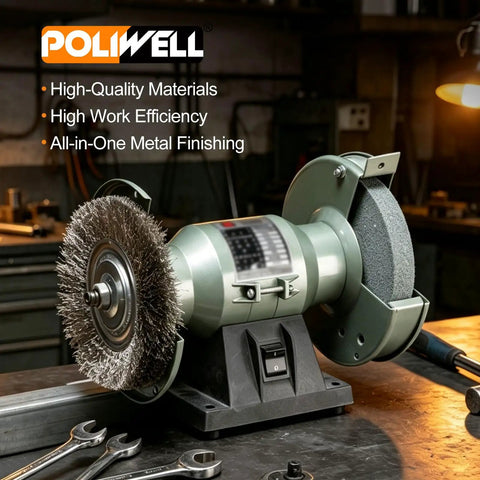 Heavy Duty Six Inch Sixty Grit Silicon Carbide Grinding Wheel Paired With Hardcore Carbon Steel Wire Brush Set For Bench Grinders With Half Inch Spindle visible in workshop setting.