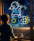 Dimmable Spaceman LED Neon Light With Transparent Backing Astronaut And Rockets Wall Art Space Room Decor glowing in evening