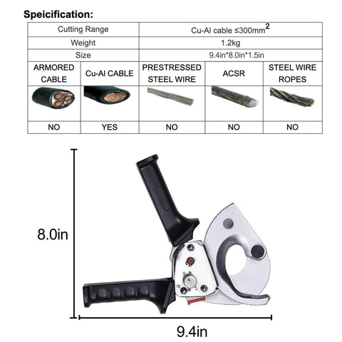 Ratchet Cable Wire Cutter For Cu And Al Wires Up To 300mm2, 9.4 Inch Round Section Tool with specifications chart