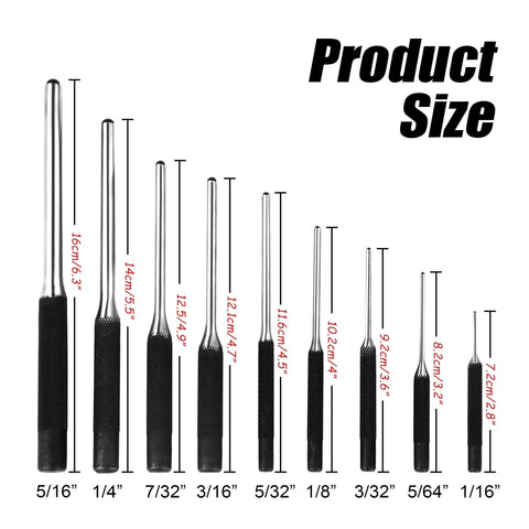 Roll Pin Punch Set With Storage Pouch And Hammer, showing 9 sizes with dimensions, knurled steel handles visible.