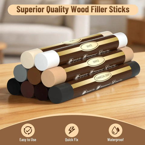 9 Color Wood Filler Sticks And Repair Crayons For Furniture And Floors No Sweat Go To Scratch Fix Kit With Scrapers, displayed on wooden surface.