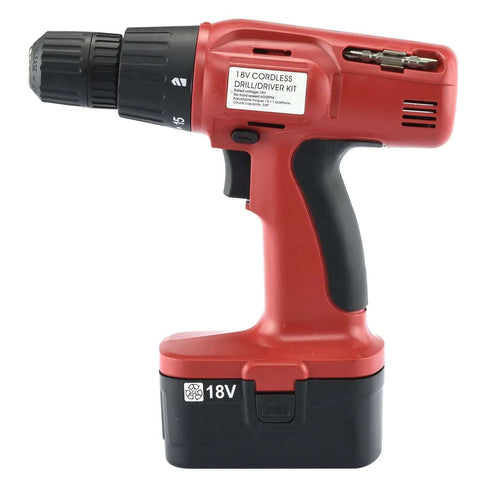 18 Volt Cordless Drill Featuring Smooth Operator Performance And Slick Keyless Chuck Heavy Duty power tool side view with battery