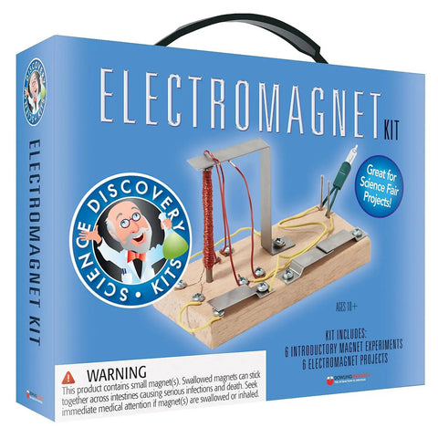Box of Hands On Electromagnetism Kit For Kids And Classrooms With Real Electromagnet Build A Catapult A Doorbell And Telegraph While Learning Real World Science showing included components.