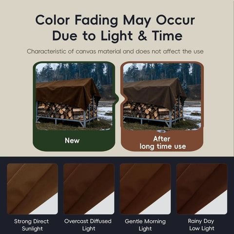 Comparison of new and used Rugged Heavy Duty Canvas Tarp 4x4 Ft With Rustproof Aluminum Grommets covering a woodpile, shows color fade