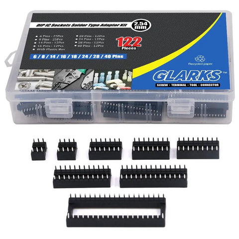 122Pcs DIP IC Socket Set, 2.54mm Pitch Solder Type Adapters, 6, 8, 14, 16, 18, 24, 28, 40 Pin Assortment Kit In Clear Storage Box
