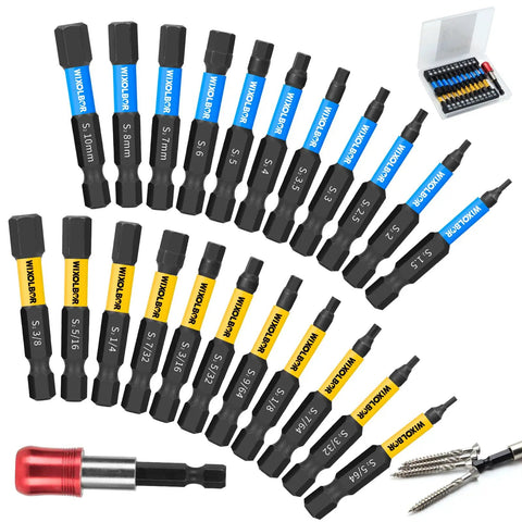 Pro Grade 23-Piece 2-Inch Allen Wrench And Drill Bit Set With Magnetic One Quarter Inch Hex Bits For Impact Drivers Includes Metric And SAE Sizes S2 Steel Magnetic Bit Holder And Storage Box displayed