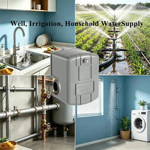 Well Pump Pressure Switch 40-60 PSI Adjustable Differential 1/4 Inch NPT Automatic Grey installed in home and irrigation settings