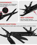 27 In 1 Multitool With Needle Nose Pliers, Screwdrivers, Fire Starter And Self Locking EDC Gear showing open functions and self-locking feature.
