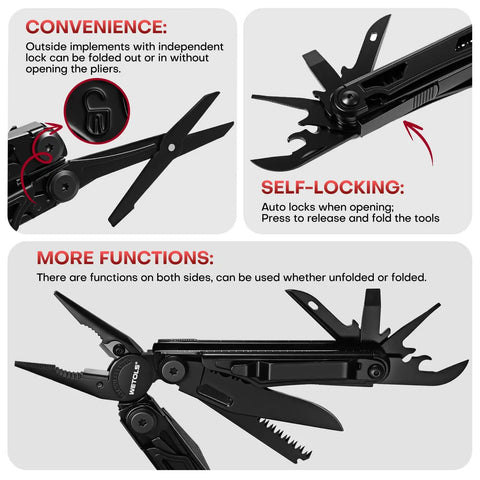 27 In 1 Multitool With Needle Nose Pliers, Screwdrivers, Fire Starter And Self Locking EDC Gear showing open functions and self-locking feature.