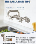 Wall Mount Kitchen Faucet With 6 Inch Spout Brushed Nickel Pro Grade Build Double Handles Hot And Cold Mixer Tap 360 Degree Rotatable