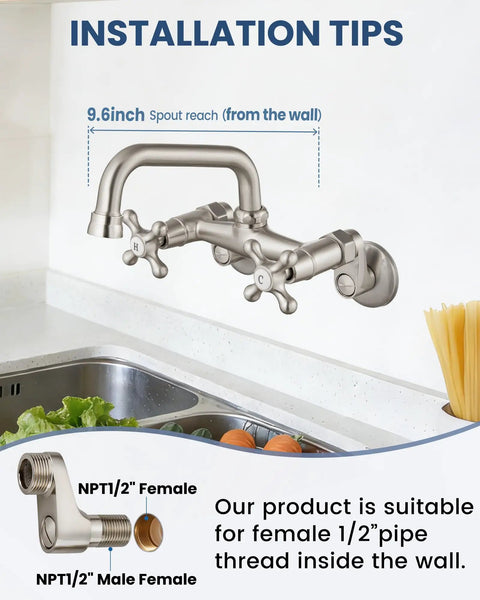 Wall Mount Kitchen Faucet With 6 Inch Spout Brushed Nickel Pro Grade Build Double Handles Hot And Cold Mixer Tap 360 Degree Rotatable