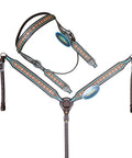 Western Horse Headstall And Breast Collar Tack Set Crafted From Genuine Argentina Cowhide Leather With Geometric Tooling, turquoise accents.