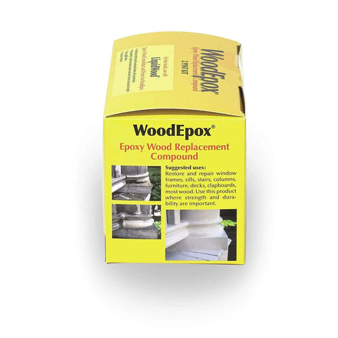 Box of WoodEpox Kit Pro Grade 2 Pint 2 Part Structural Epoxy Adhesive Filler for Wood, showing product uses and details.
