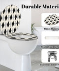 Round Black white checkered Toilet Seat with sturdy resin design, soft-close hinge, and protective bumpers on a white toilet.
