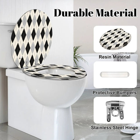 Round Black white checkered Toilet Seat with sturdy resin design, soft-close hinge, and protective bumpers on a white toilet.