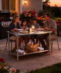 Family dining outdoors on Beast Of A Heavy Duty Stainless Steel Kitchen Prep Table With Adjustable Undershelf, Built For Serious Commercial Use At Home In Restaurants, Bakeries, Workshops And Garages, 18 By 24 By 33.5 Inches.