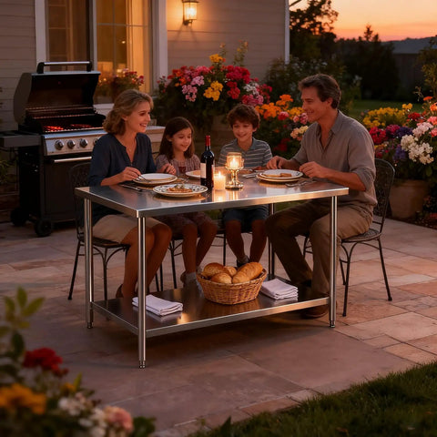 Family dining outdoors on Beast Of A Heavy Duty Stainless Steel Kitchen Prep Table With Adjustable Undershelf, Built For Serious Commercial Use At Home In Restaurants, Bakeries, Workshops And Garages, 18 By 24 By 33.5 Inches.