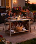 Family dining outdoors on Heavy Duty Pro Grade Stainless Steel Kitchen Prep Table With Adjustable Undershelf, 36x24x33.5 inches.