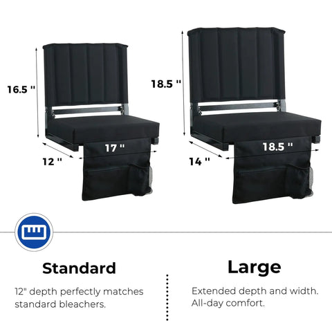 Comfy Stadium Bleacher Seat With Back Support And Thick Padded Cushion Includes Shoulder Strap Black Standard Size One Piece Bleacher Chair For Games Practices And Outdoor Events showing sizes