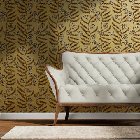 Next Level Floral Stripe Wallpaper With Glitzy Khaki Gold Metallic Details And Textured Fibrous Finish Great For Fresh Room Refreshes in a modern living room.
