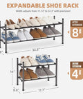 Expandable Shoe Rack For Closet And Entryway, Metal 8 Pairs Stackable Organizer, Adjustable 2 Tier Shelves In Black, Extends 17.7-32.3 In