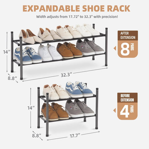 Expandable Shoe Rack For Closet And Entryway, Metal 8 Pairs Stackable Organizer, Adjustable 2 Tier Shelves In Black, Extends 17.7-32.3 In